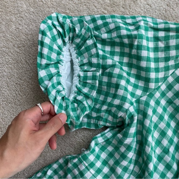 LINEN BLEND GINGHAM PUFF SLEEVE WRAP DRESS - Picture 5 of 6